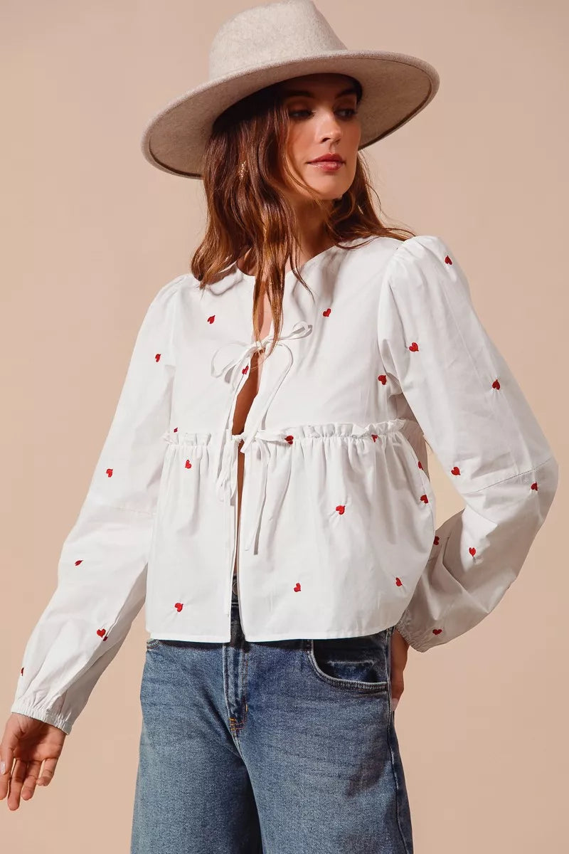 Front Tie Heart Puff Sleeve Blouse -