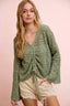 Pointelle Ruched V Neck Sweater - Sage Green