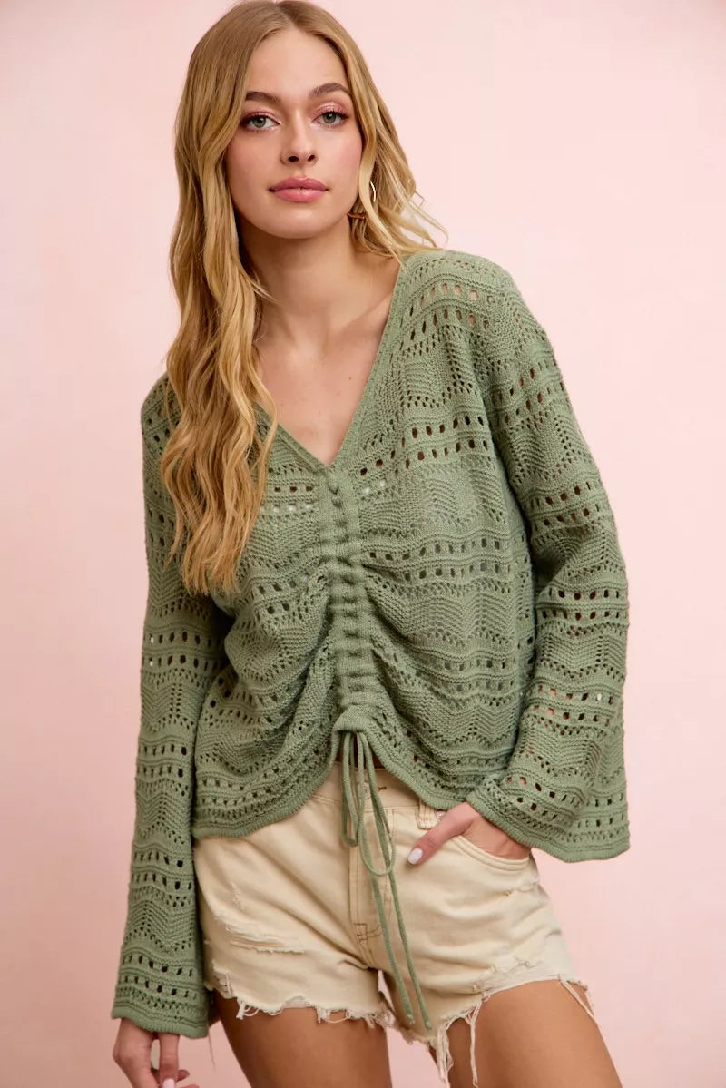 Pointelle Ruched V Neck Sweater - Sage Green Main image