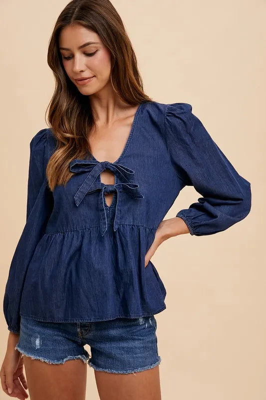 Tie Front Peplum Denim Blouse - Navy