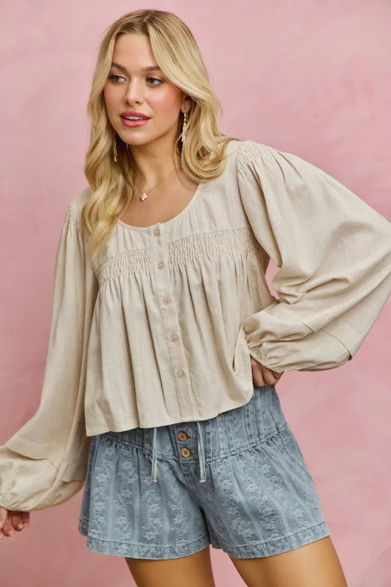 Linen Blend Smocked Sleeve Blouse -