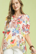Watercolor Floral High Low Blouse - RED MIX