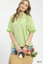 Stripe Ruffle Split Neck Blouse - MELON