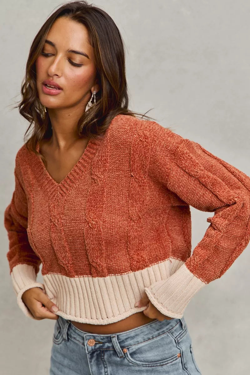 Chenille Cable Knit V Neck Sweater -