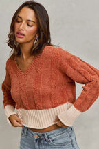 Chenille Cable Knit V Neck Sweater -