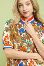 Abstract Jacquard Split Neck Blouse -