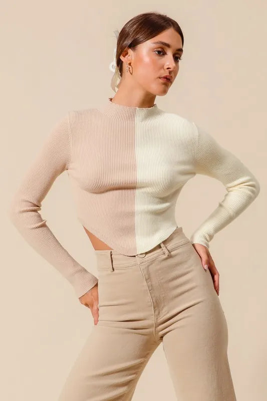 Fitted Color Block Crop Sweater -