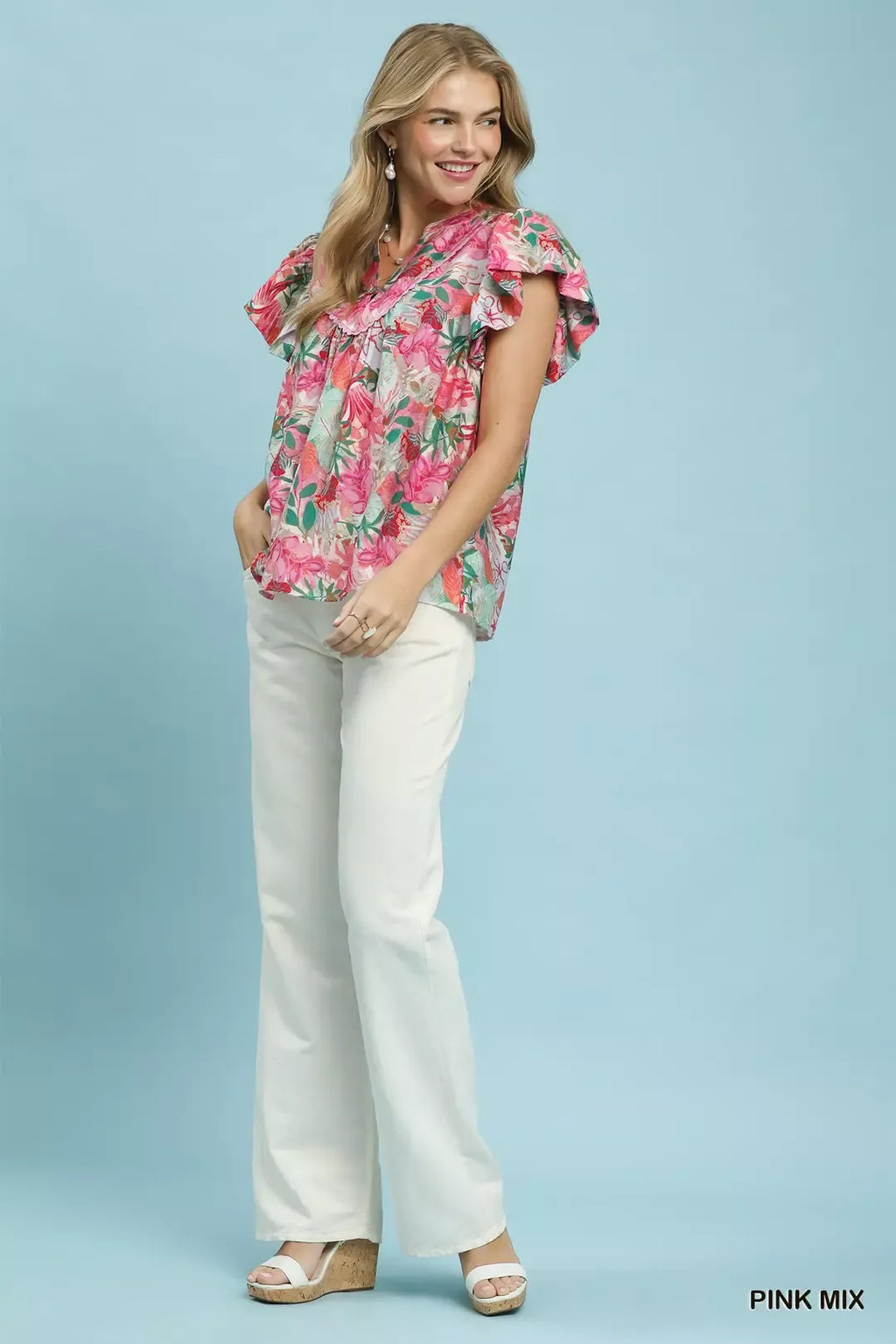 Tropical Ruffle Cap Sleeve Blouse -