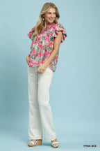 Tropical Ruffle Cap Sleeve Blouse -