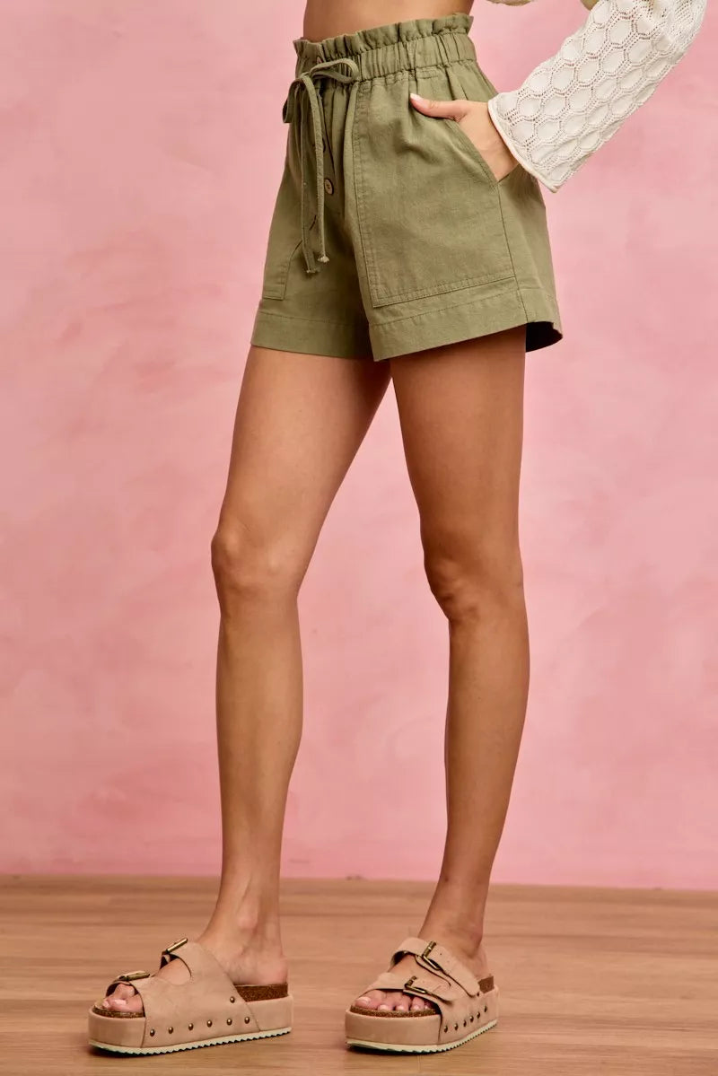 Paperbag Drawstring Twill Pocket Shorts -