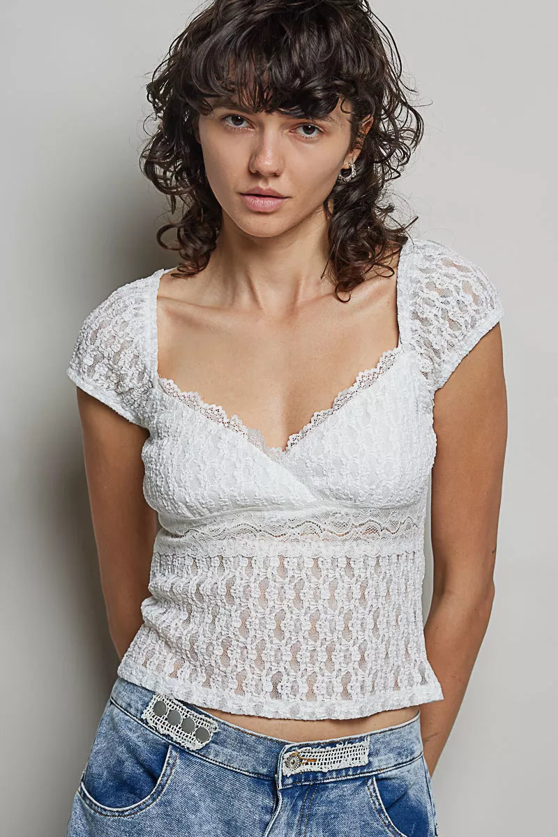 Lace Sweetheart Short Sleeve Top -