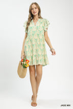 Printed Flutter Sleeve Dress - JADE MIX