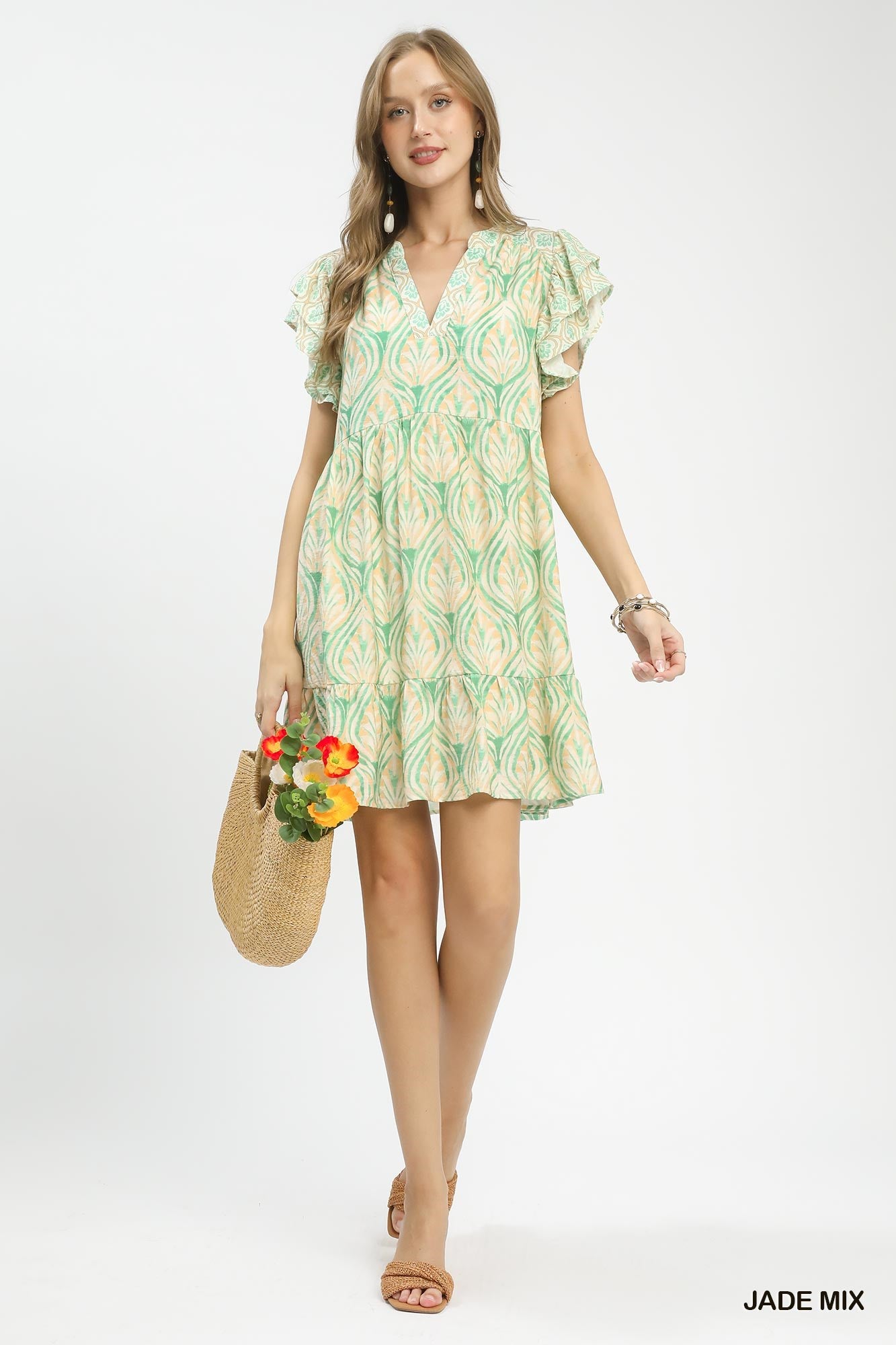 Printed Flutter Sleeve Dress - JADE MIX