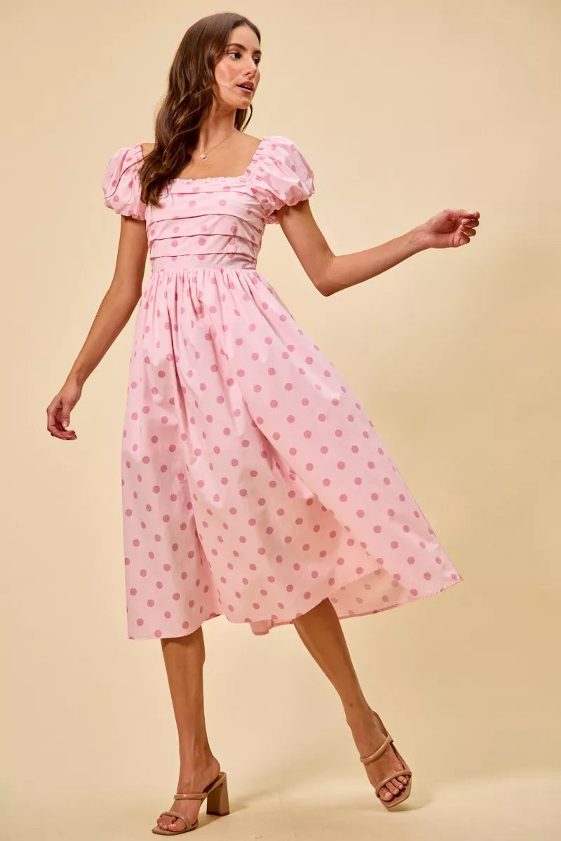 Polka Dot Puff Sleeve Midi Dress -