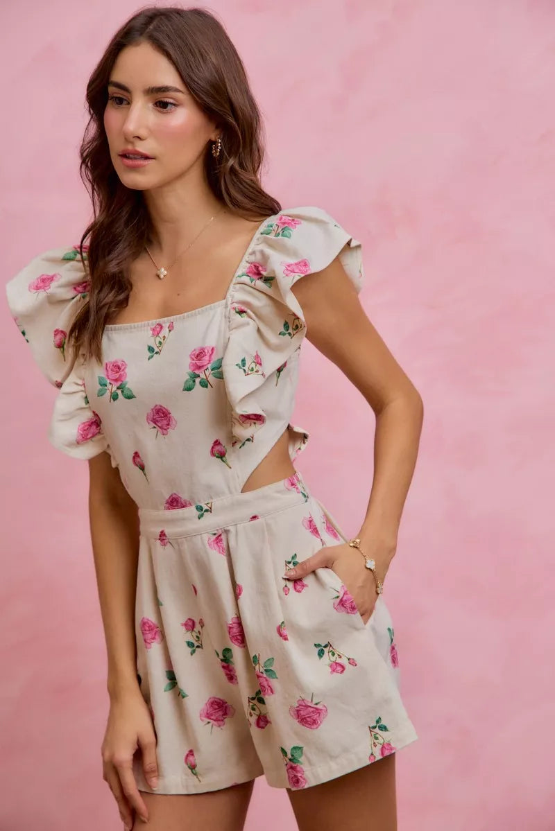 Floral Ruffle Cutout Denim Romper -