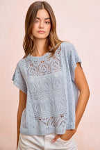Pointelle Short Sleeve Knit Sweater -