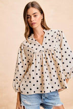 Polka Dot V Neck Blouse -