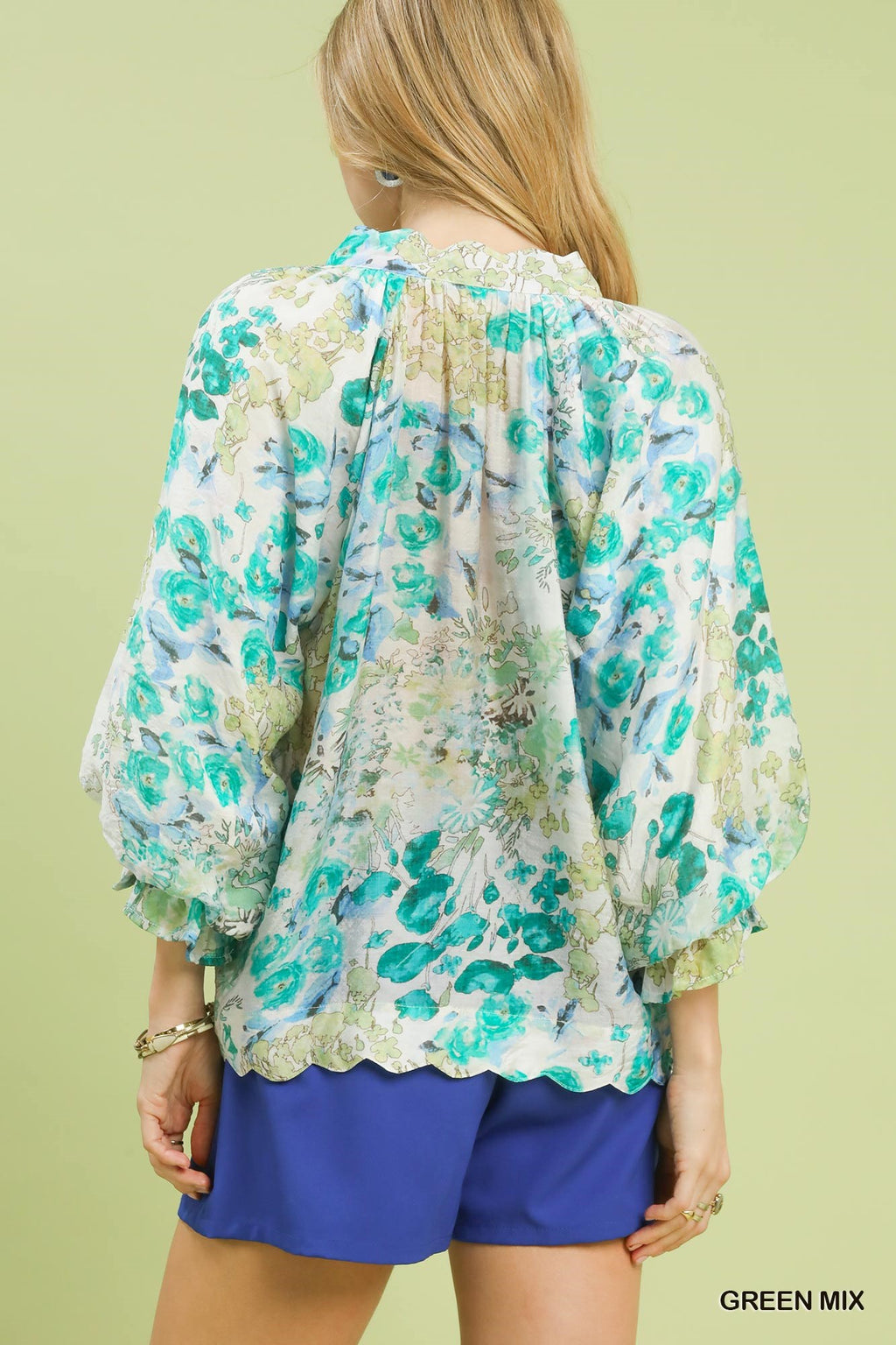Watercolor Floral Flounce Sleeve Blouse -