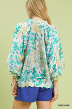 Watercolor Floral Flounce Sleeve Blouse -