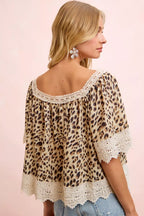 Leopard Lace Square Neck Blouse -
