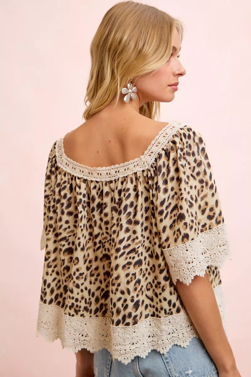 Leopard Lace Square Neck Blouse -