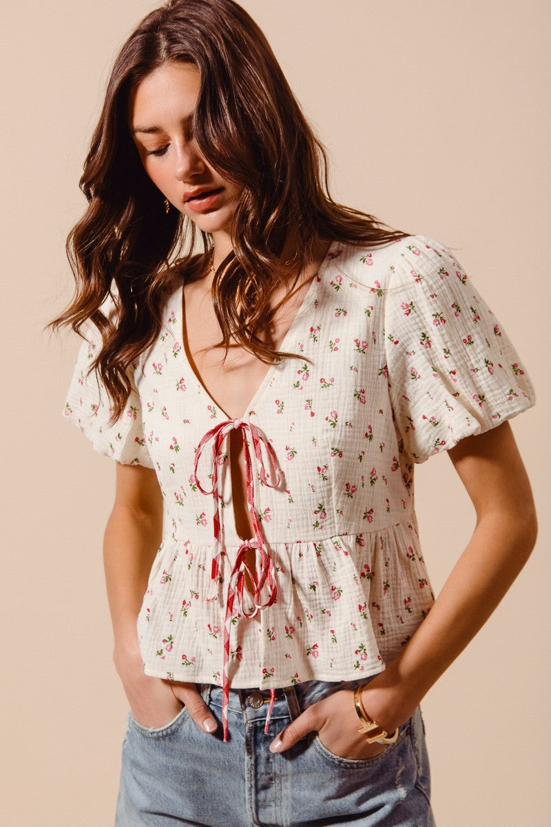 Ditsy Tie-Front Gauze Blouse -