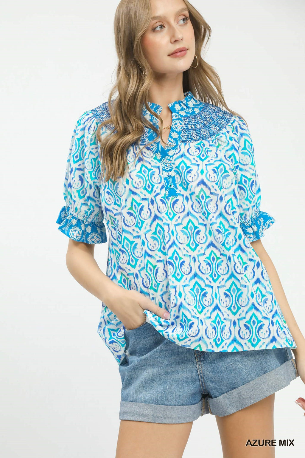 Boho Smocked Puff Sleeve Blouse - AZURE MIX