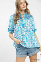 Boho Smocked Puff Sleeve Blouse - AZURE MIX