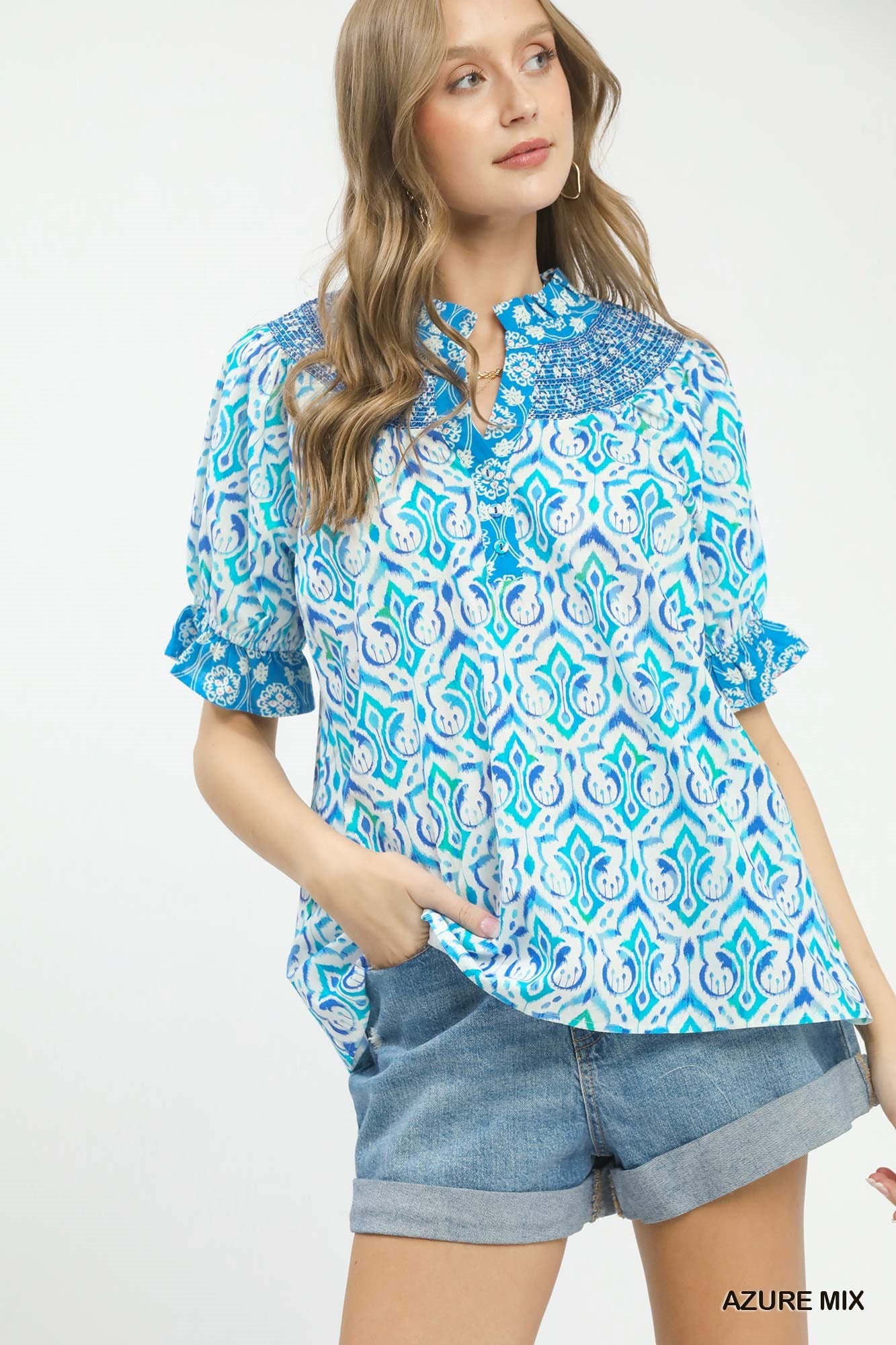 Boho Smocked Puff Sleeve Blouse - AZURE MIX