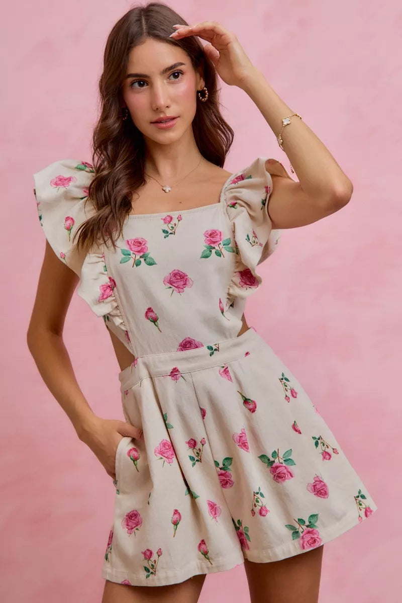 Floral Ruffle Cutout Denim Romper -
