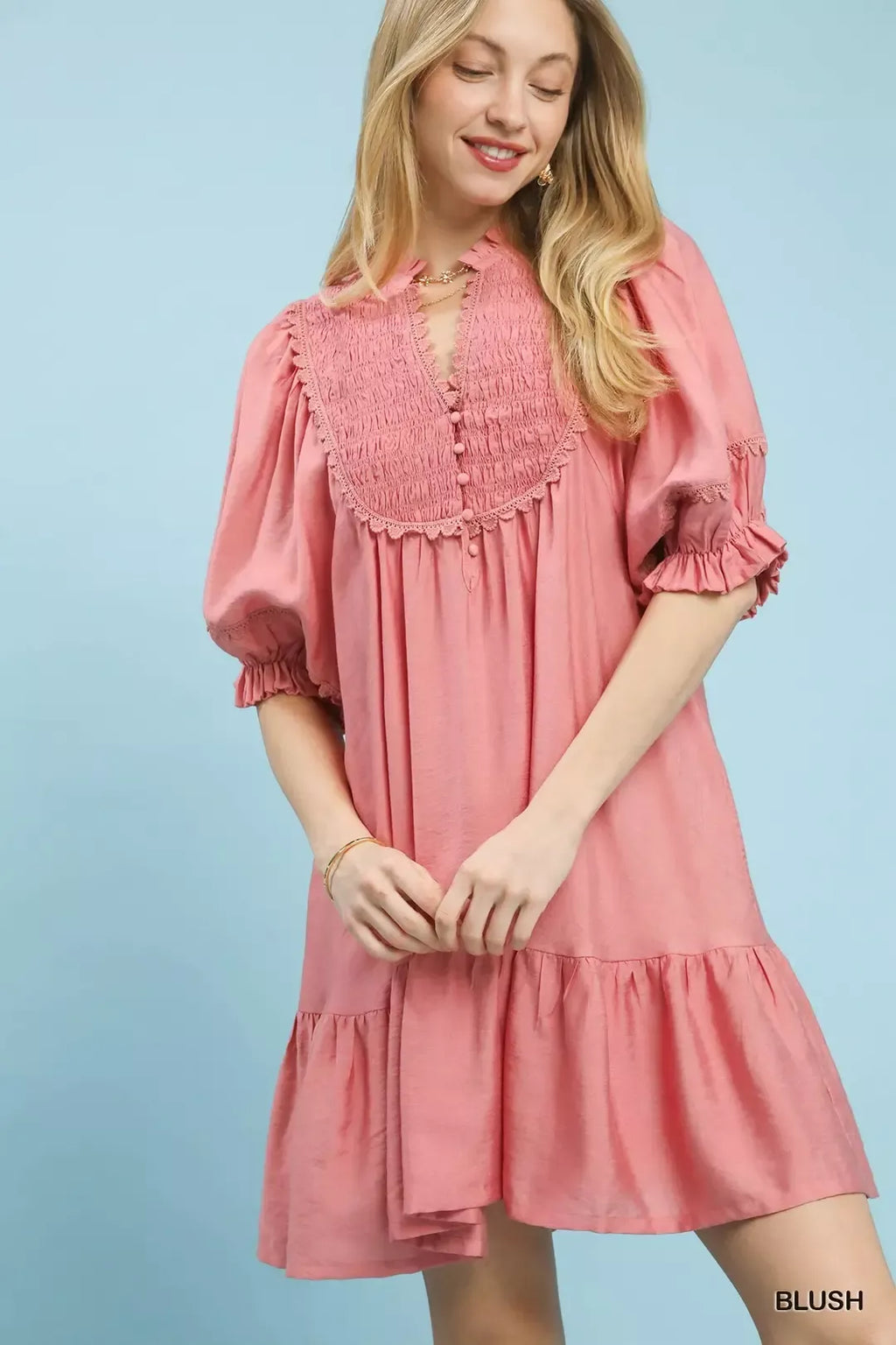 Smocked Bib Ruffle Hem Mini Dress -
