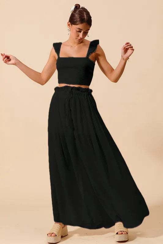 Smocked Top Flowy Maxi Skirt Set - BLACK Main image