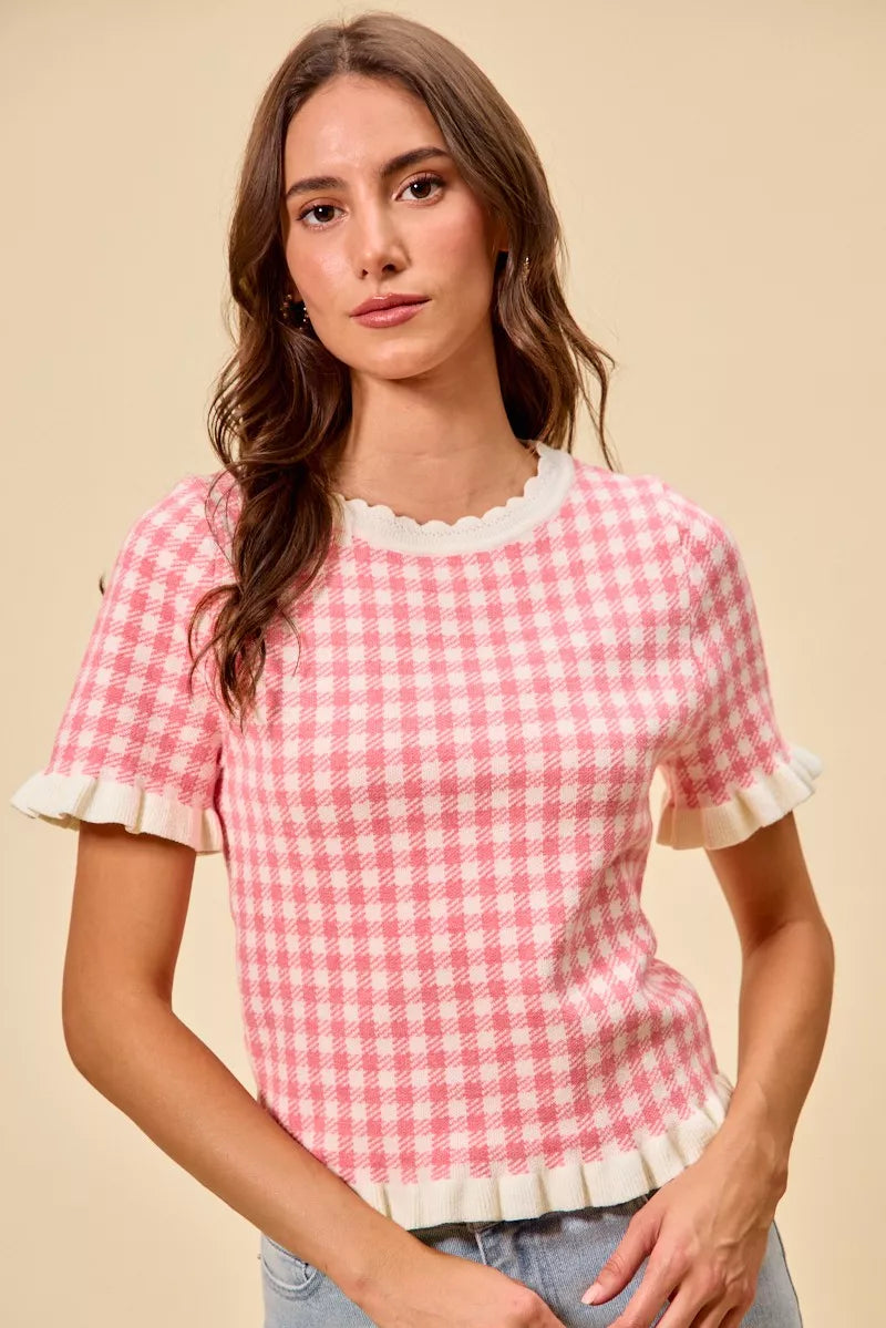 Gingham Ruffle Knit Sweater Top Secondary image
