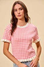 Gingham Ruffle Knit Sweater Top -
