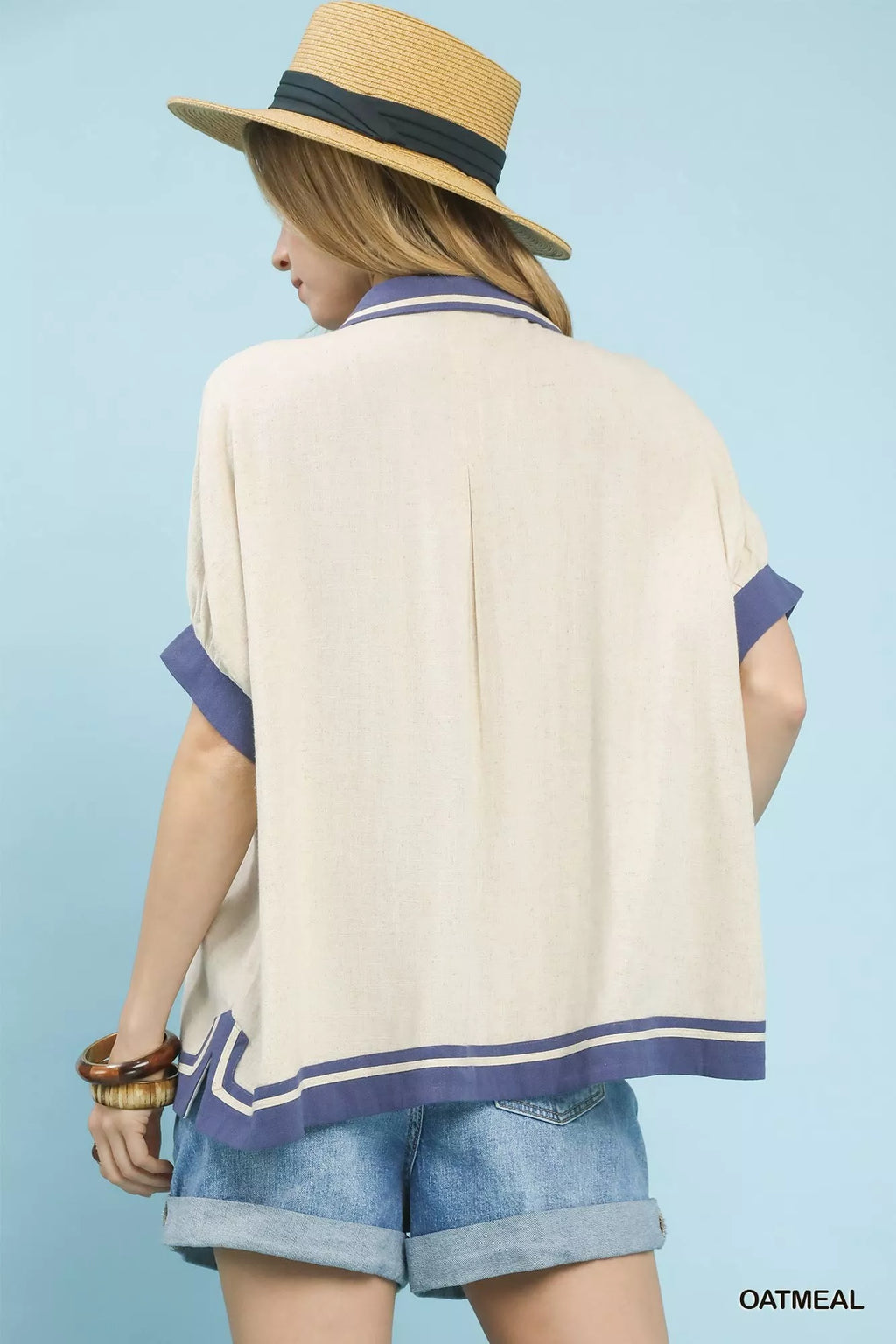 Linen Button Front Contrast Piping Shirt -