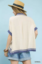 Linen Button Front Contrast Piping Shirt -