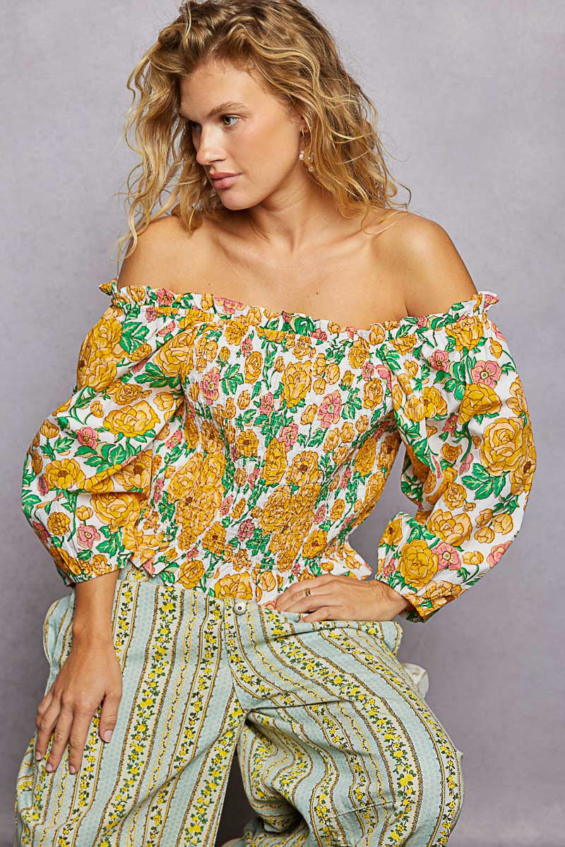 Floral Smocked Off Shoulder Blouse -