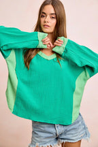 Textured Color Block V-Neck Pullover -