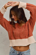 Chenille Cable Knit V Neck Sweater -