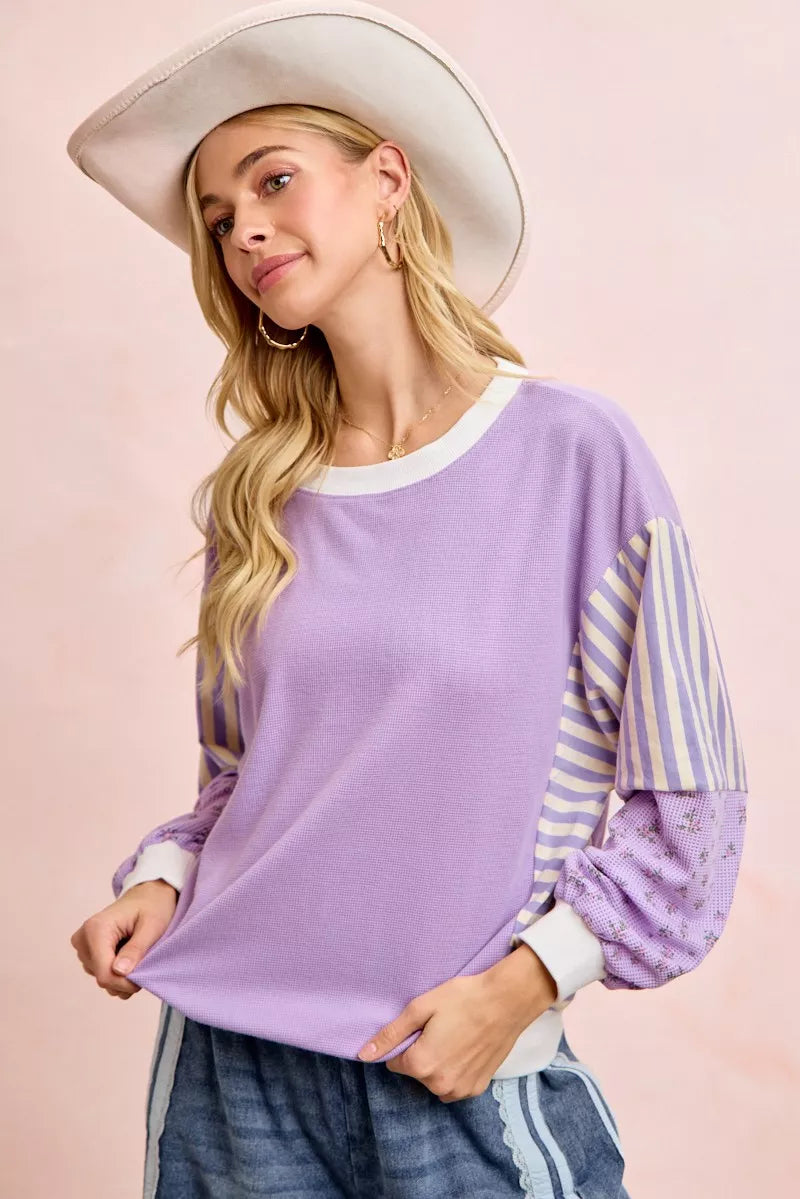 Floral Sleeve Striped Mix Match Sweatshirt -