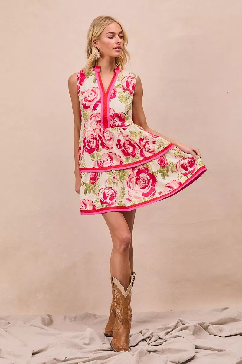Floral Contrast Tiered Ruffle Mini Dress - CORAL
