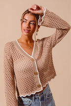Scallop Trim Open Knit Cardigan -