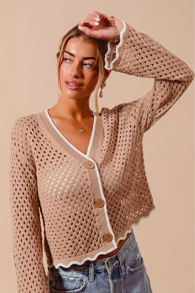 Scallop Trim Open Knit Cardigan -