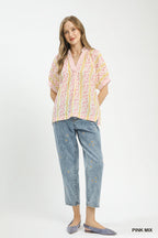Boho Contrast Trim Split Neck Blouse -