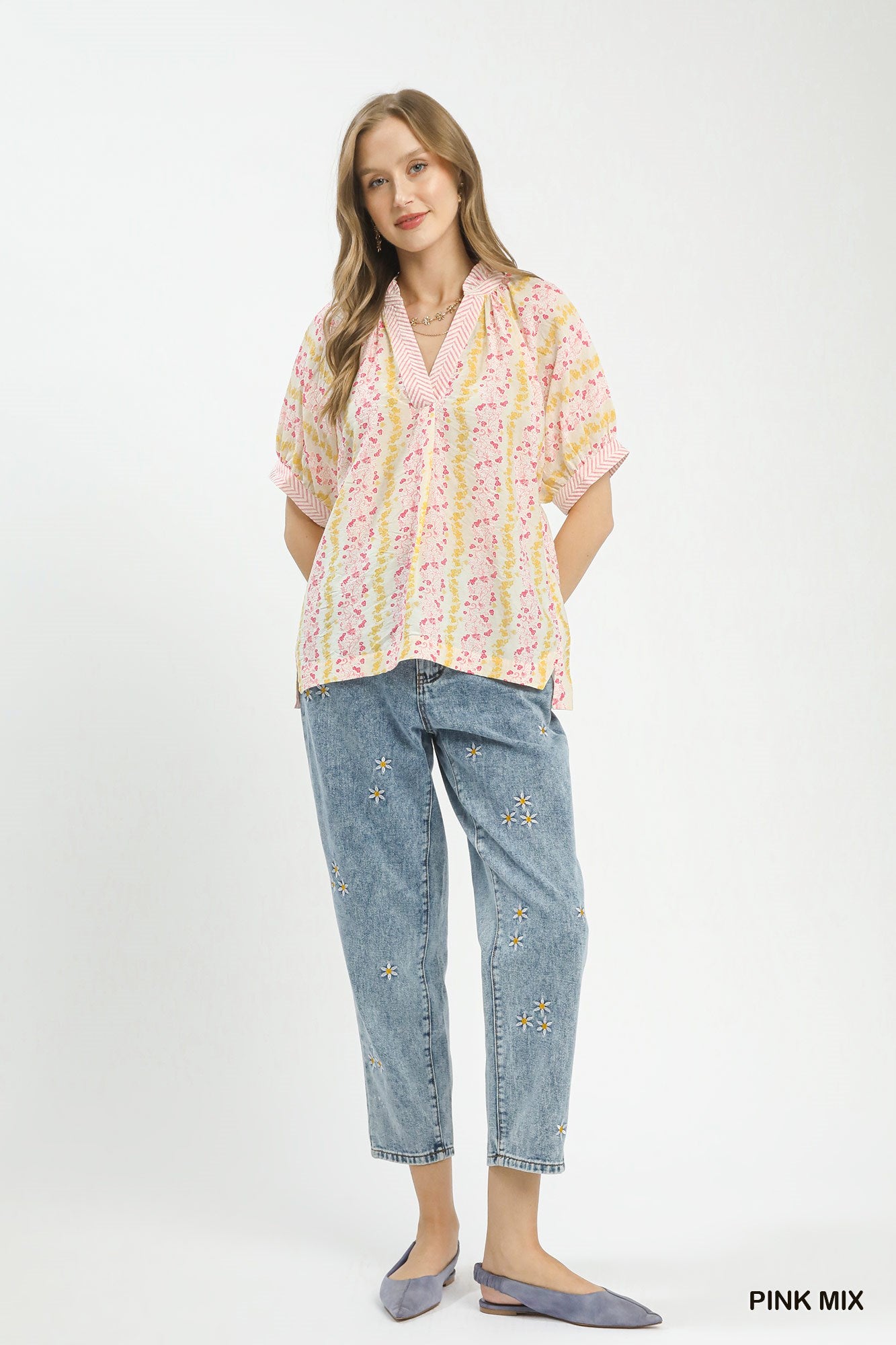 Boho Contrast Trim Split Neck Blouse -