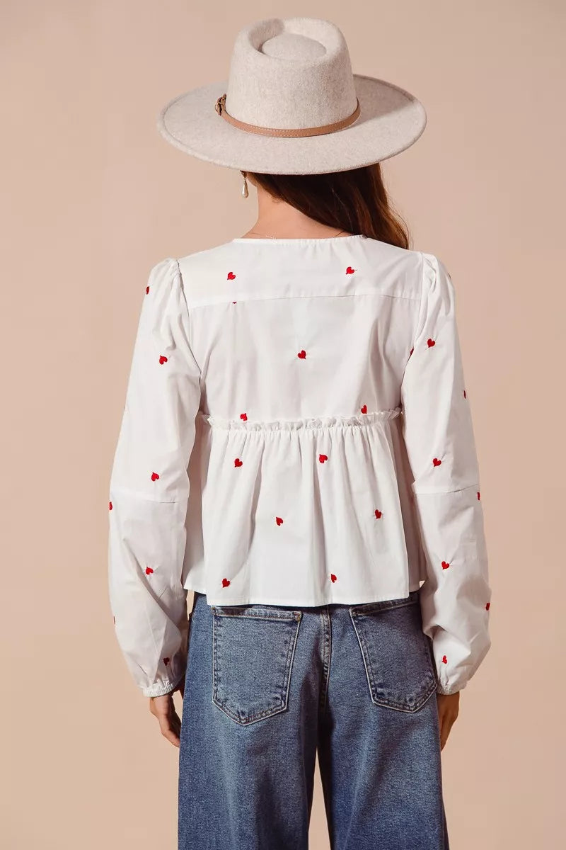 Front Tie Heart Puff Sleeve Blouse -
