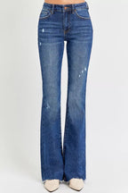 Distressed Mid Rise Flare Leg Jeans -