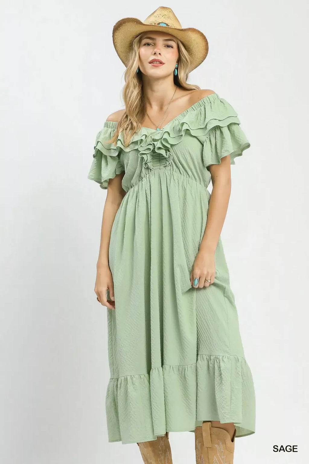 Textured Ruffle Sleeve Midi Dress -