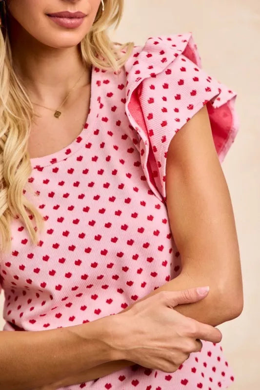 Heart Pattern Knit Ruffled Sleeve Shirt -