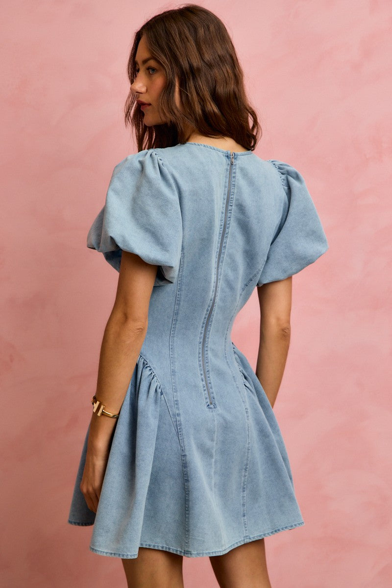 Denim Puff Sleeve Mini Dress -